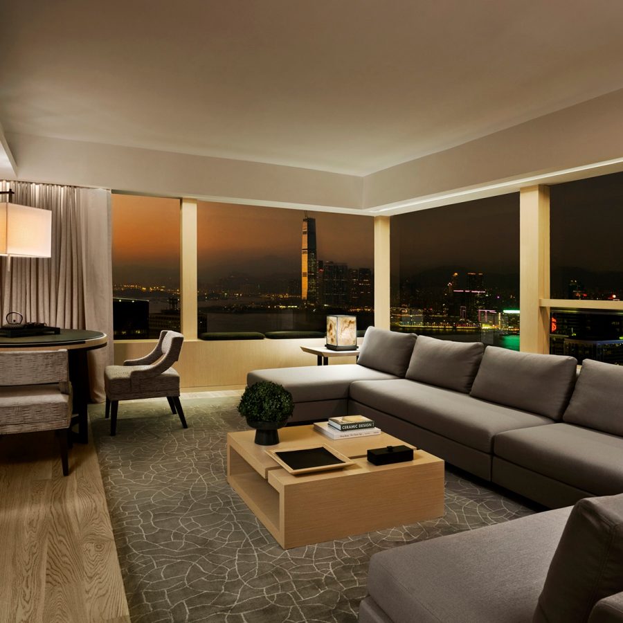 Lounge area in hotel room at night